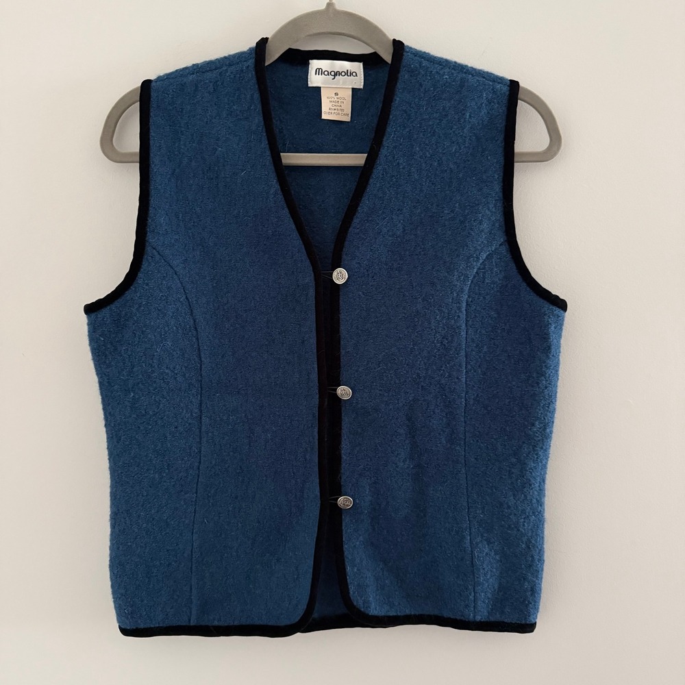 Magnolia Blue 100% Boiled Wool Vest Velvet Trim Silver Buttons S Winter Vintage